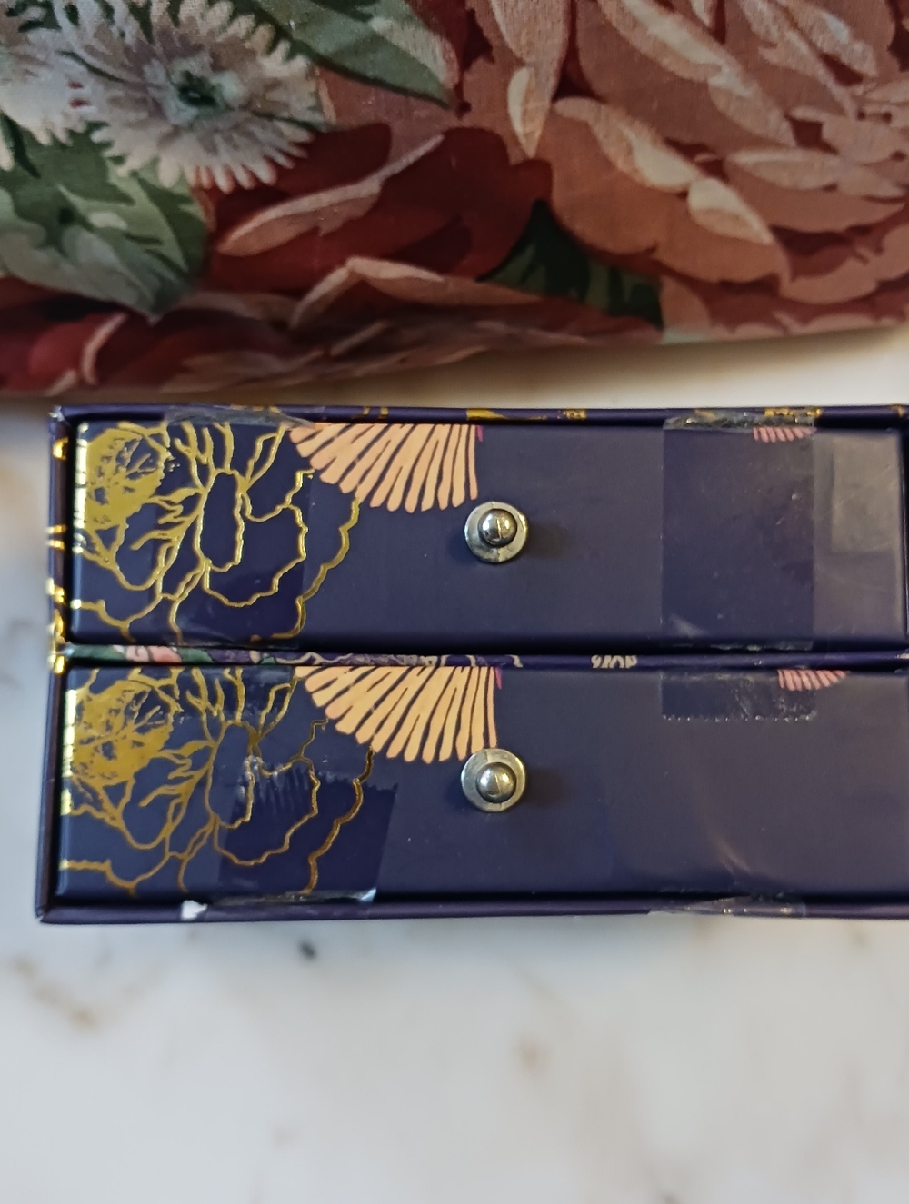 New Oriental Jewelry Box, Cardboard 2 Drawers, With Goldtone Clip-ons